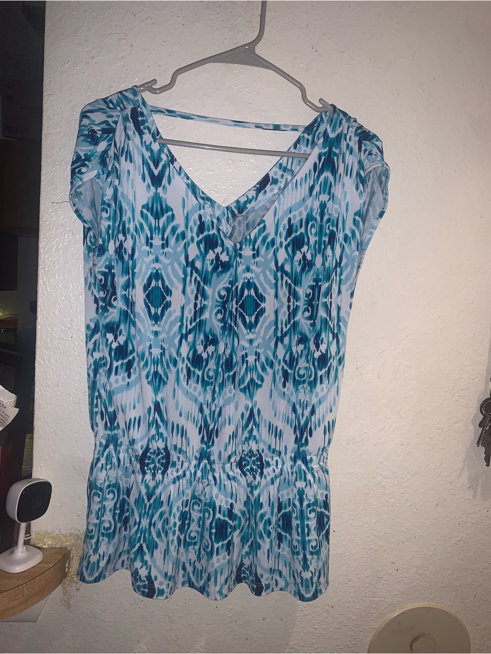 Investments Blue Teal Patterned Cap-Sleeve Blouse